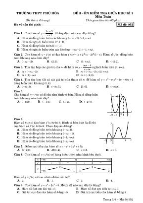 Đề ôn kiểm tra giữa học kì 1 môn Toán 12 - Mã đề 952 - Trường THPT Phú Hòa